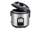 Stainless steel rice cooker with an open lid and control panel.