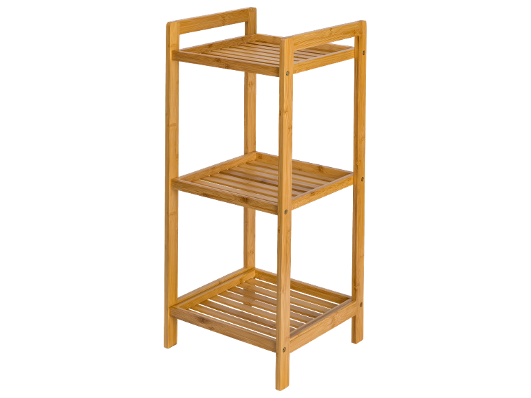 Three-tier bamboo bathroom shelf with slatted design.