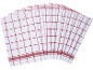 Kitchen towels with a red checkered pattern, fanned out.