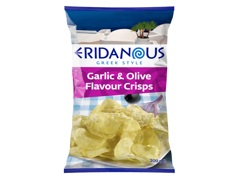 Bag of garlic & olive flavour crisps, with a Greek-themed background.