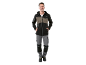 Man in black and brown softshell jacket, grey and black work trousers, and safety shoes.