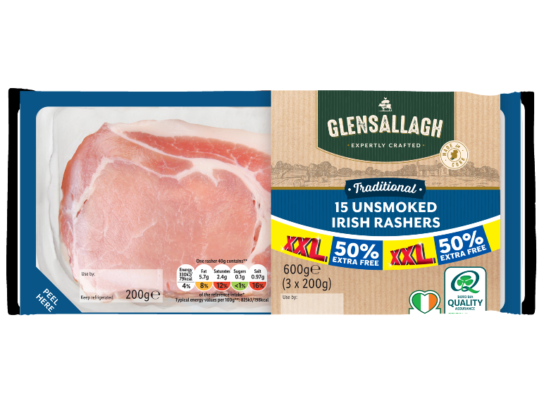 Pack of 15 unsmoked Irish rashers, with nutritional information and weight.