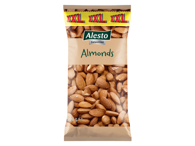 500g bag of almonds, with 'XXL' and 'Selection' indicated.