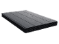 Stack of dark grey composite decking boards with an embossed wood texture.