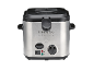 Stainless steel deep fryer with black lid and handles, temperature control, and timer.