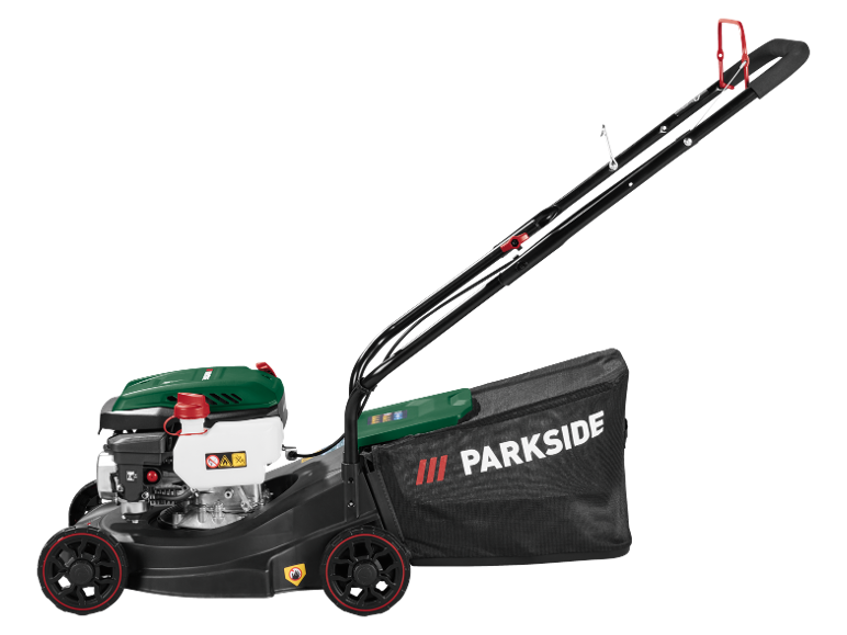 Green and black petrol lawnmower with a grass collection bag.