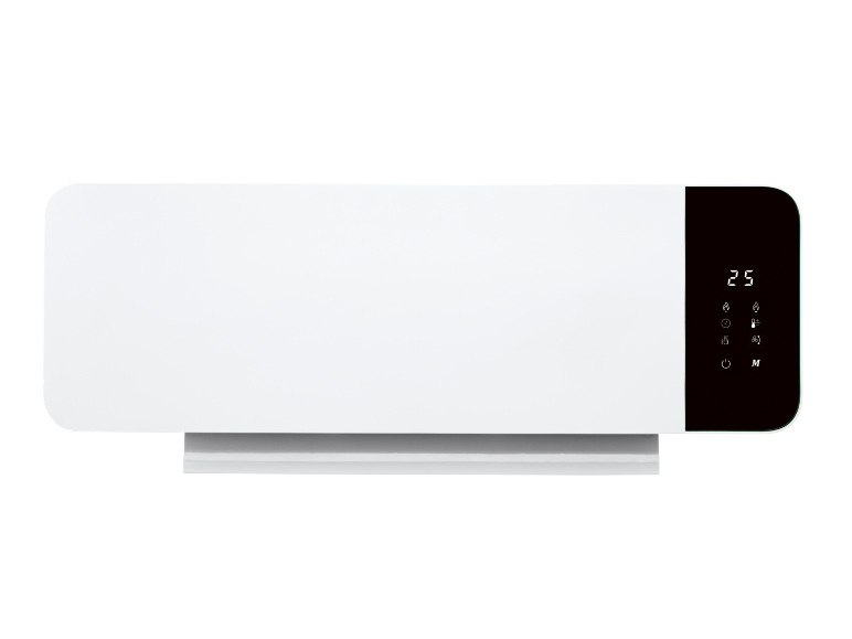 White wall-mounted electric heater with digital display showing 25 and control icons
