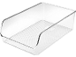 Clear plastic storage organizer with a slanted front and ribbed bottom.