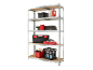 Metal shelving unit with tools, liquids, and textiles stored on the shelves.