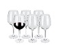 Six wine glasses, one filled with red wine, on a black background.
