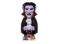 Vampire-shaped candy dispenser with a black cape and white shirt, filled with colorful candies.