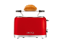 Red toaster with a bread roll on the warming rack, number 1973 on the front.