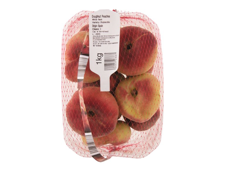 Doughnut peaches in a net, white flesh, origin Spain, 1 kg.