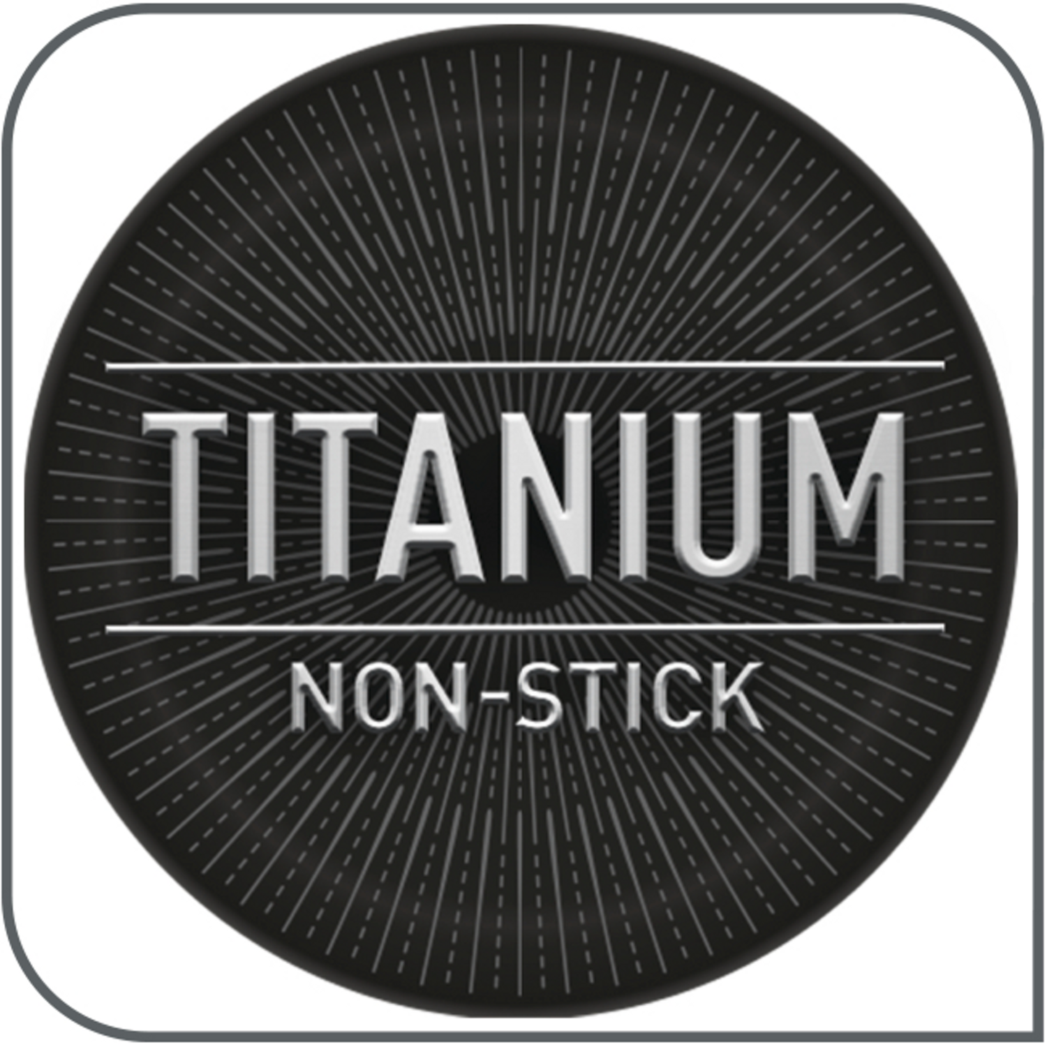 Black round seal with white text: TITANIUM NON-STICK.