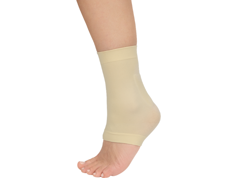 Beige compression sock on ankle, side view