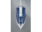 White and blue steam iron with a transparent water tank, on a gray surface
