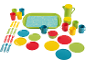 Colorful play dish set with a tray, plates, cups, cutlery, and a pitcher.