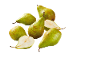 Green pears, some halved, on a black background.