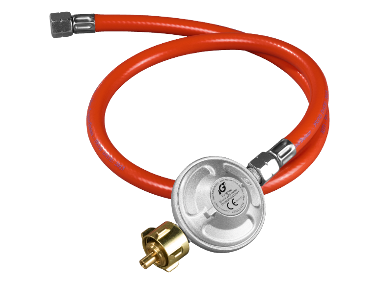 Orange gas hose with regulator for propane/butane, production date 2025.