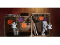 Wooden crates with Halloween decorations: pumpkins, ghosts, bats, and witches.