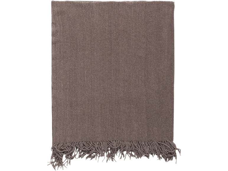Brown throw blanket with fringes, tightly woven texture.