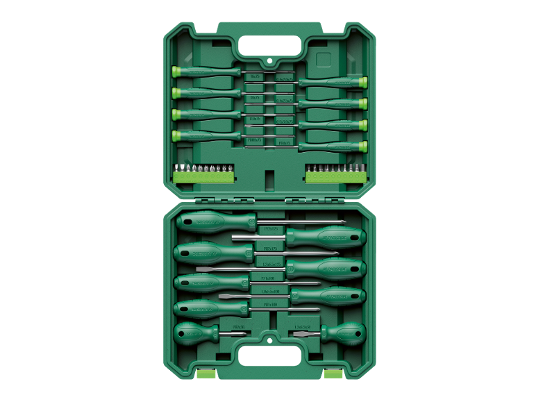 A green screwdriver set with various sizes and types of screwdrivers and bits.