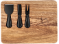 Set of three black cheese tools on a wooden board.