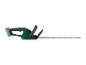 Cordless hedge trimmer with a green body and a gray battery.