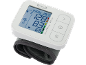 Digital wrist blood pressure monitor with an LCD display showing 128/83 and 69 beats per minute.