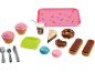 Toy dessert and kitchen utensil set, including cupcakes, donuts, macarons, and a pink tray.