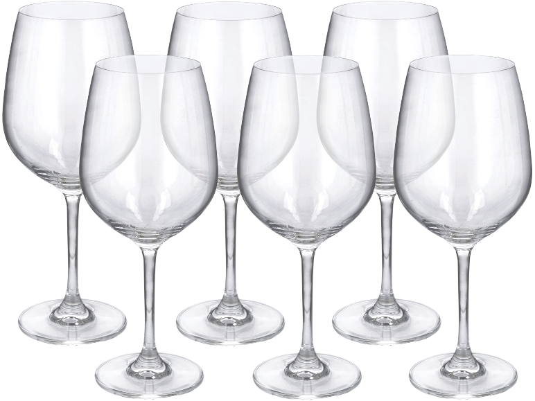 Six transparent wine glasses on a black background.