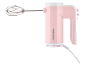 Pink and white hand mixer with a whisk attachment.