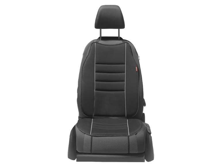 Black car seat cover with white stripes and textured inserts.