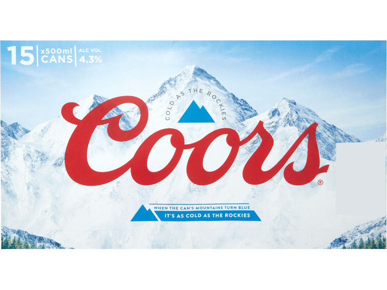 15 x 500ml cans of beer, 4.3% alcohol, with a mountainous background