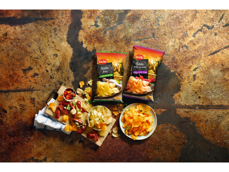 Salt and olive oil and spicy potato crisps with sausage and peppers.
