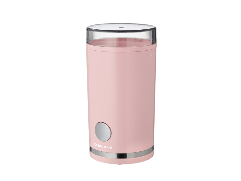 Pink electric coffee grinder with a transparent lid and a silver button