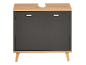 Bathroom vanity unit with two dark grey doors, a light wood top, and angled wooden legs.