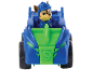 Police dog figure in a blue and green vehicle.