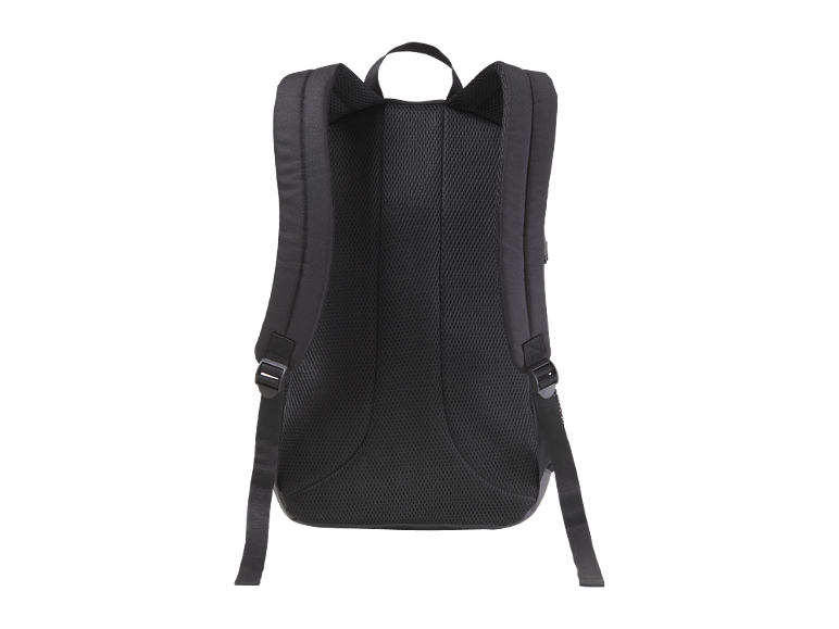 Black backpack with padded back and adjustable shoulder straps.