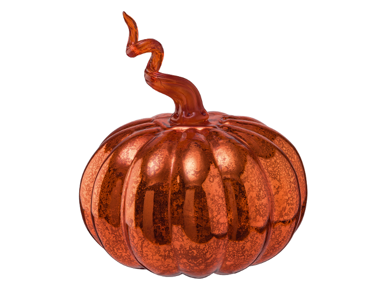 Decorative orange glass pumpkin with a curly stem.