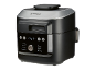 Black and silver multicooker with a digital display showing 14:53 min and various cooking functions.
