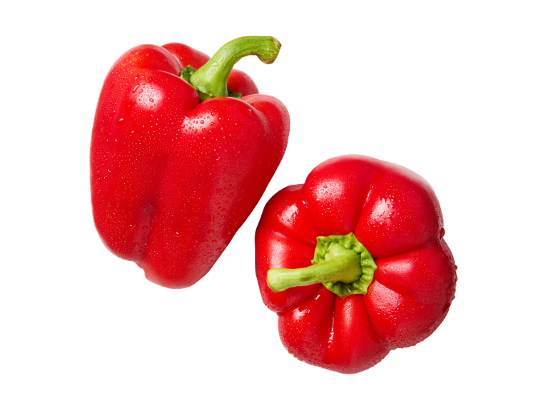 Two fresh red bell peppers with water droplets on a black background.