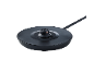 Black electric kettle base with power cord on a black background.
