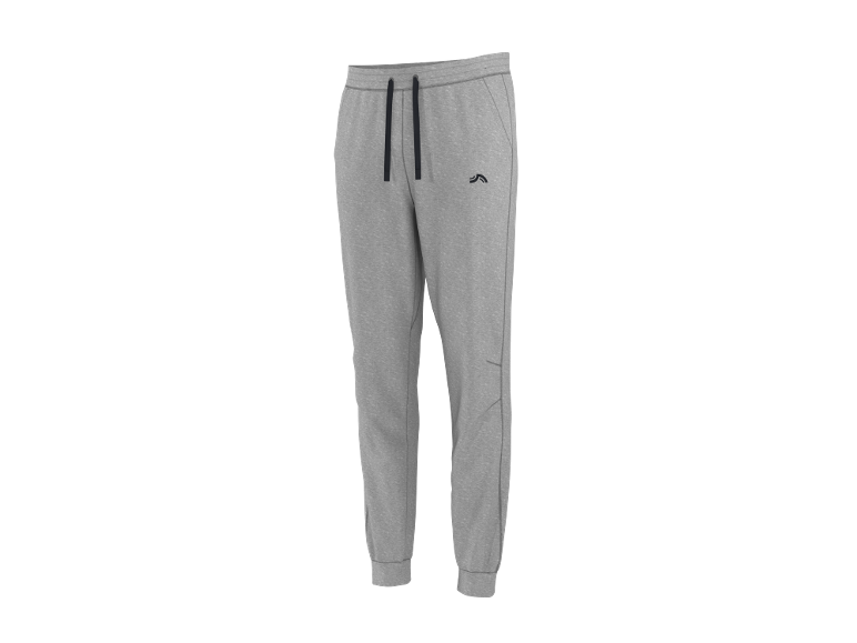Men's grey sweatpants with dark drawstring and logo.