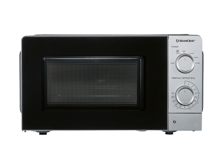 Black microwave oven with a silver control panel and two knobs