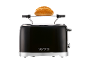 Black toaster with a bun on a warming rack, featuring a retro 1973 design.