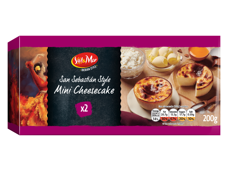 San Sebastián style mini cheesecakes, 200g, with nutritional information and a flamenco dancer.