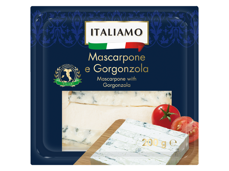 Mascarpone and Gorgonzola packaging with tomatoes, 200g.