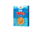 Box of crunchy rice cereal with a bowl of cereal and a farm landscape.