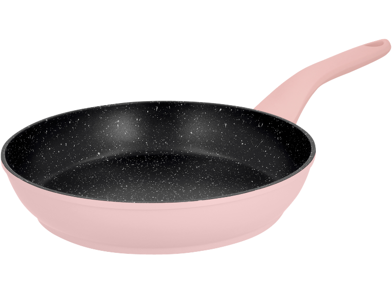 Pink frying pan with a black, speckled interior